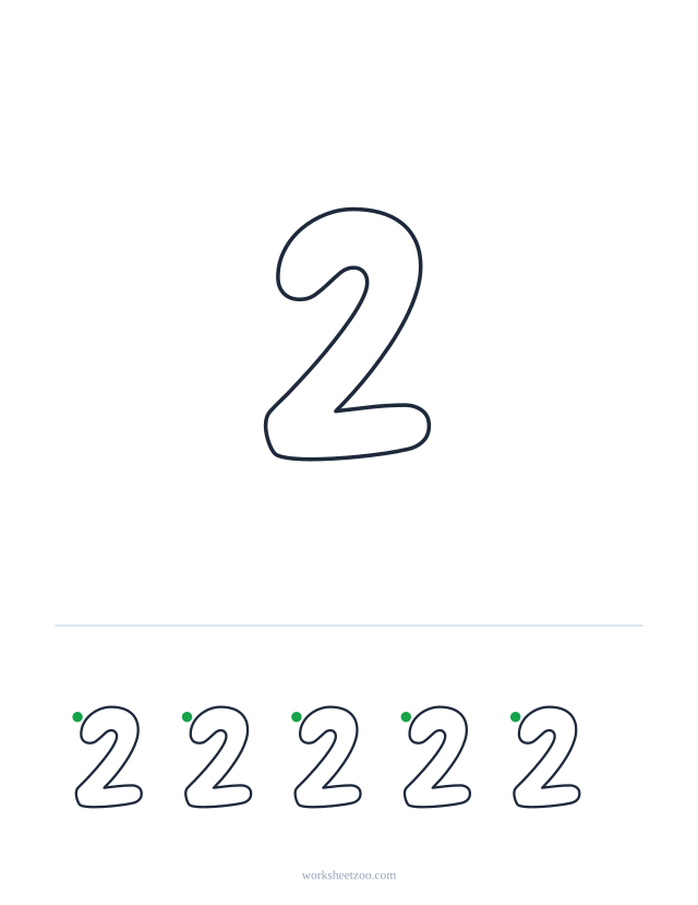 Printable bubble number 2, a big rounded outline number to colour and trace