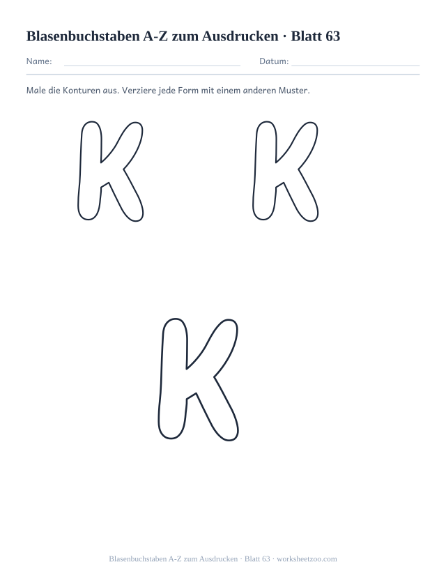 Vorschau: Blasenbuchstaben A-Z zum Ausdrucken, druckbares Arbeitsblatt 63
