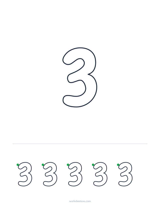 Printable bubble number 3, a big rounded outline number to colour and trace