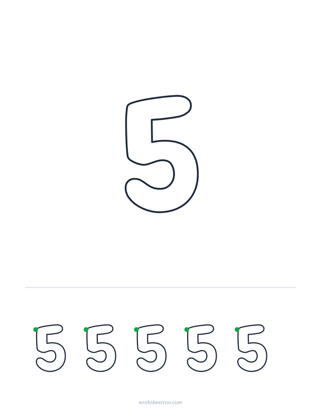 Printable bubble number 5, a big rounded outline number to colour and trace