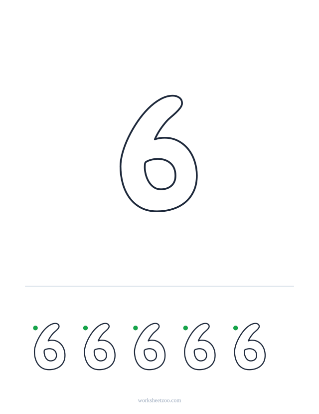 Printable bubble number 6, a big rounded outline number to colour and trace