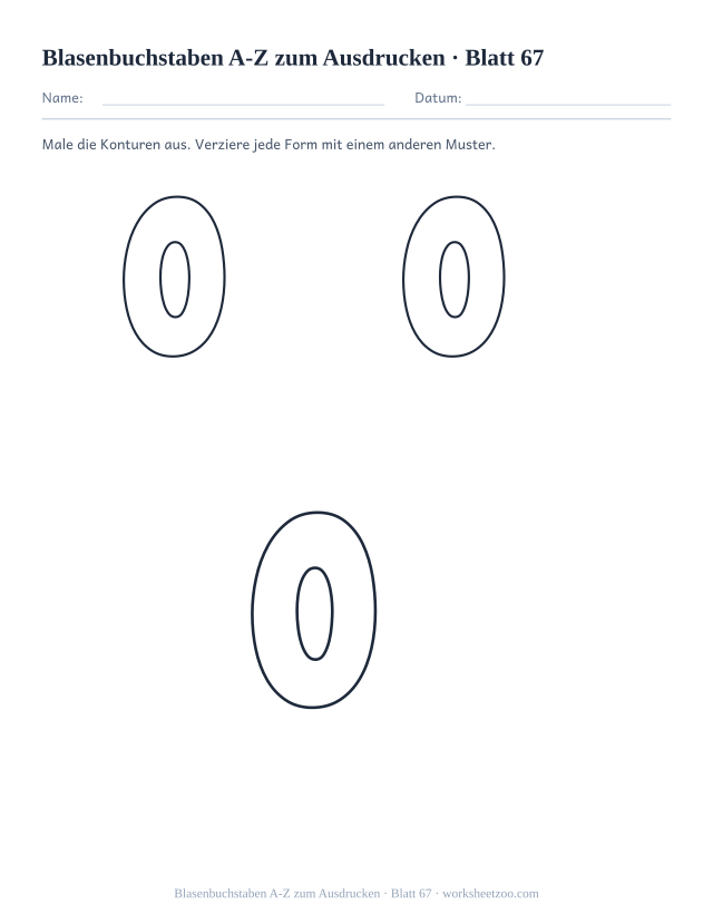Vorschau: Blasenbuchstaben A-Z zum Ausdrucken, druckbares Arbeitsblatt 67
