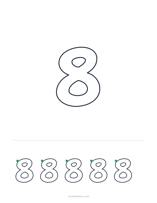 Printable bubble number 8, a big rounded outline number to colour and trace
