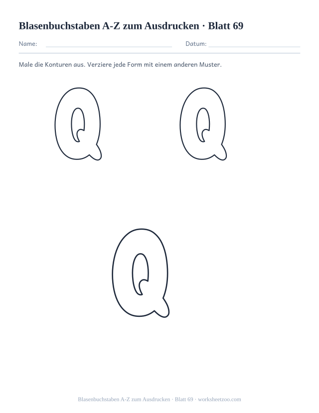 Vorschau: Blasenbuchstaben A-Z zum Ausdrucken, druckbares Arbeitsblatt 69