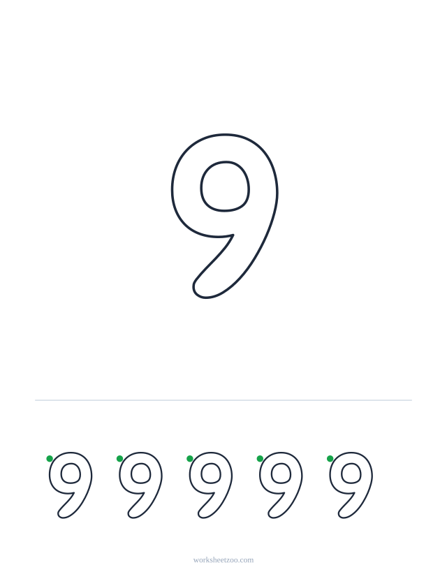 Printable bubble number 9, a big rounded outline number to colour and trace