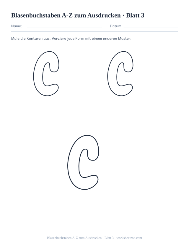 Vorschau: Blasenbuchstaben A-Z zum Ausdrucken, druckbares Arbeitsblatt 3