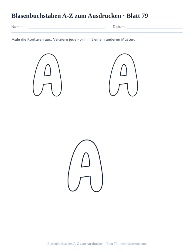 Vorschau: Blasenbuchstaben A-Z zum Ausdrucken, druckbares Arbeitsblatt 79