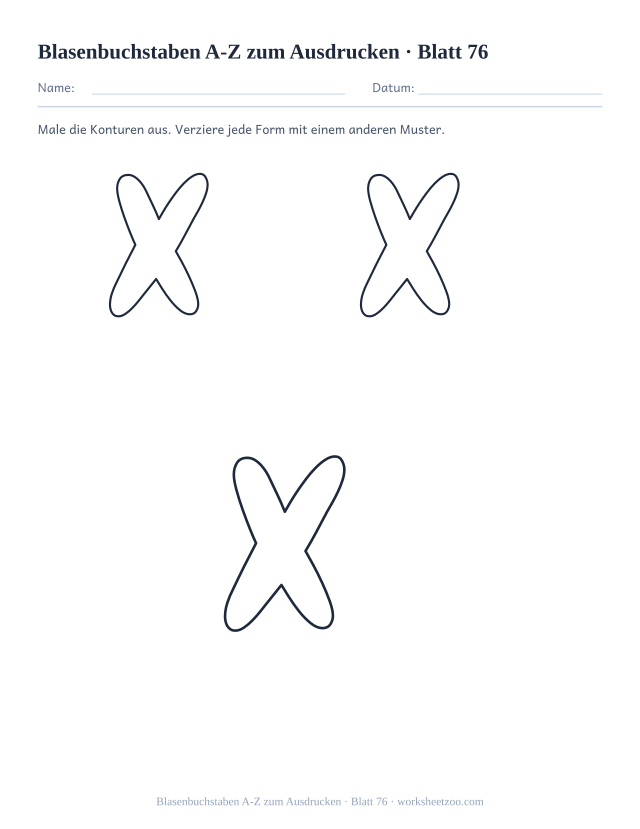 Vorschau: Blasenbuchstaben A-Z zum Ausdrucken, druckbares Arbeitsblatt 76