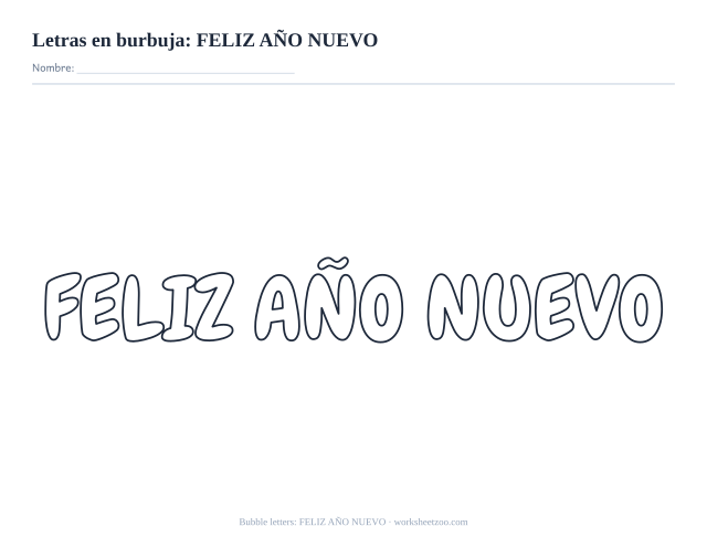 Letras burbuja de FELIZ AÑO NUEVO para imprimir, contorno ancho para colorear