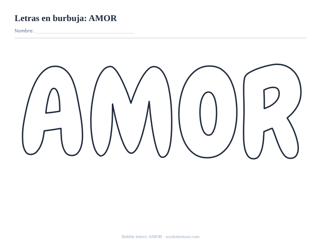 Letras burbuja de AMOR para imprimir, cuatro letras grandes en contorno para colorear