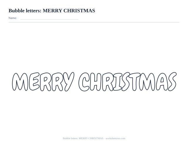 Printable merry christmas bubble letters, rounded outline lettering to colour for cards