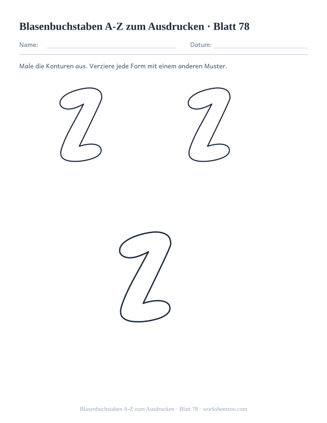 Vorschau: Blasenbuchstaben A-Z zum Ausdrucken, druckbares Arbeitsblatt 78