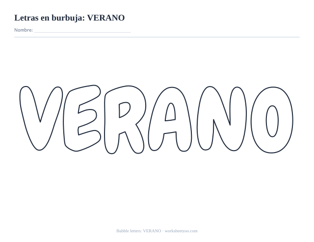 Letras burbuja de VERANO para imprimir, la palabra en contorno redondeado grande