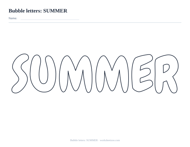 Printable summer bubble letters, the word summer in large rounded outline to colour