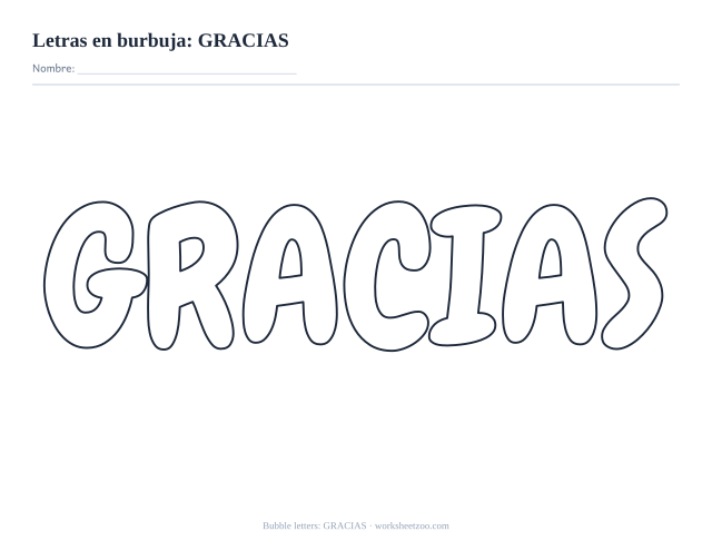Letras burbuja de GRACIAS para imprimir, en contorno redondeado para colorear