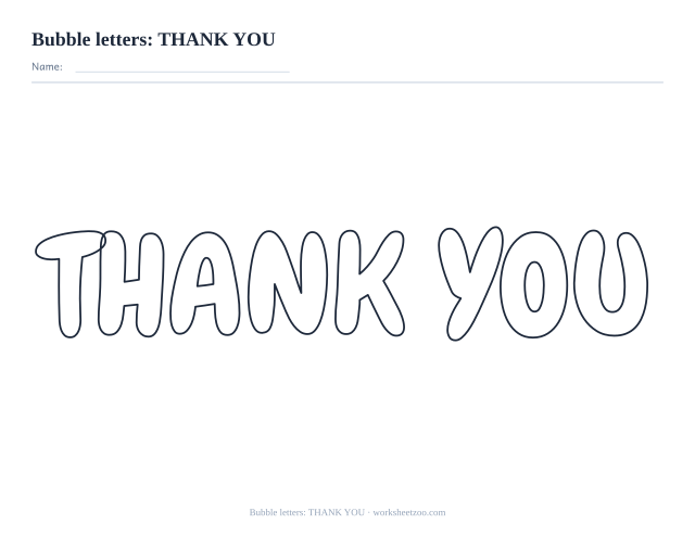 Printable thank you bubble letters, the words THANK YOU in rounded outline to colour