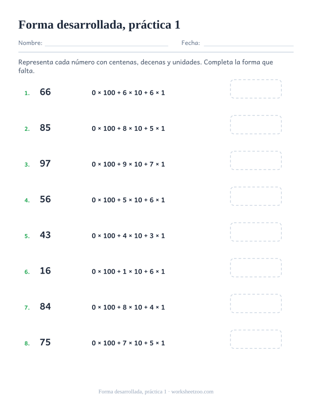 Fichas de bloques base diez de forma desarrollada, práctica 1