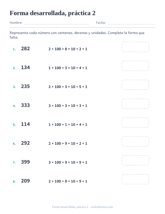 Fichas de bloques base diez de forma desarrollada, práctica 2