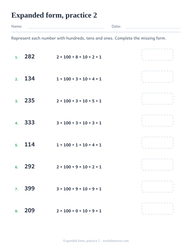 Base Ten Blocks Worksheets page for Expanded form, practice 2