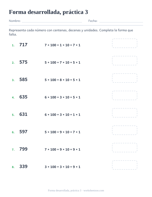 Fichas de bloques base diez de forma desarrollada, práctica 3