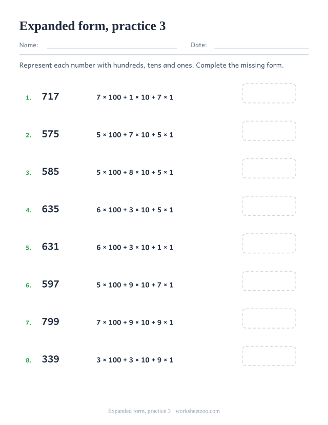 Base Ten Blocks Worksheets page for Expanded form, practice 3