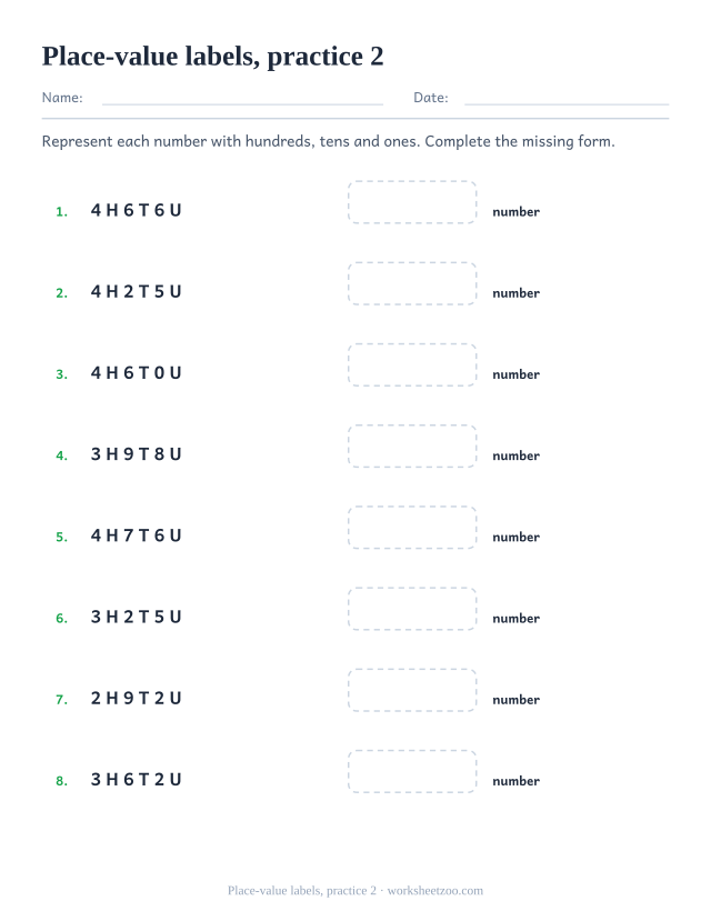 Base Ten Blocks Worksheets page for Place-value labels, practice 2