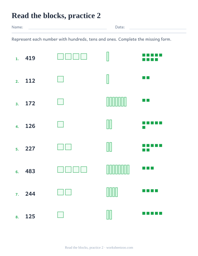 Base Ten Blocks Worksheets page for Read the blocks, practice 2