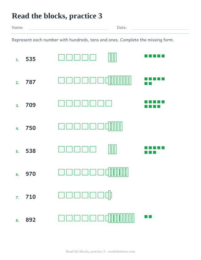 Base Ten Blocks Worksheets page for Read the blocks, practice 3