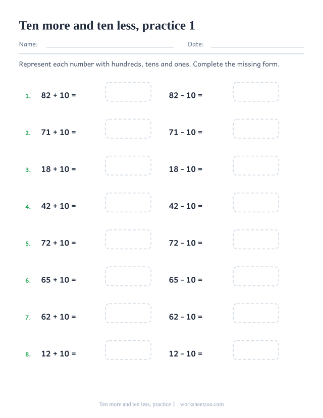 Base Ten Blocks Worksheets page for Ten more and ten less, practice 1