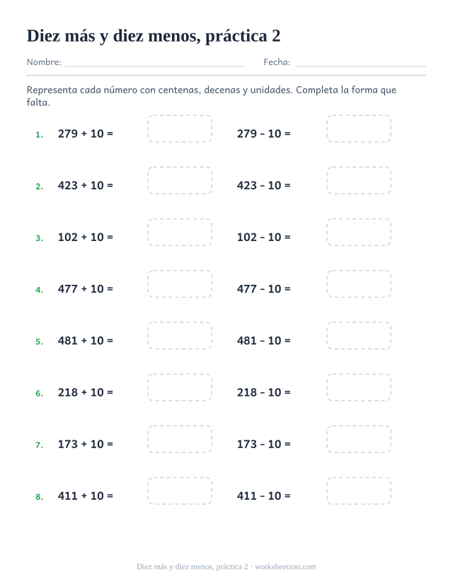 Fichas de bloques base diez de diez más y diez menos, práctica 2