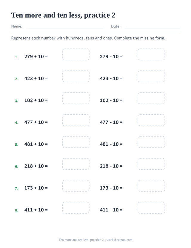Base Ten Blocks Worksheets page for Ten more and ten less, practice 2
