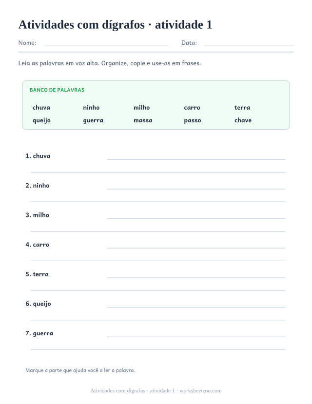 Prévia de Atividades com dígrafos, atividade 1 para imprimir