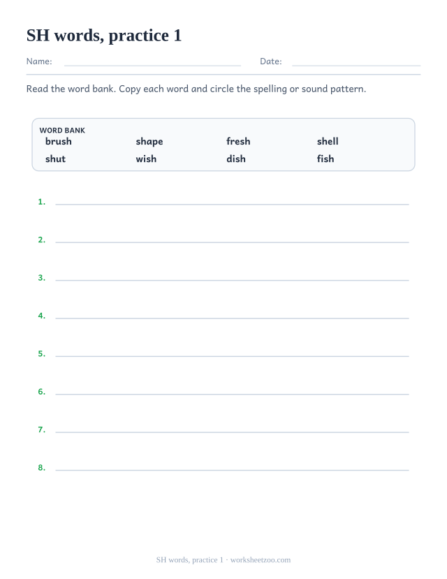 Digraph Worksheets page for SH words, practice 1