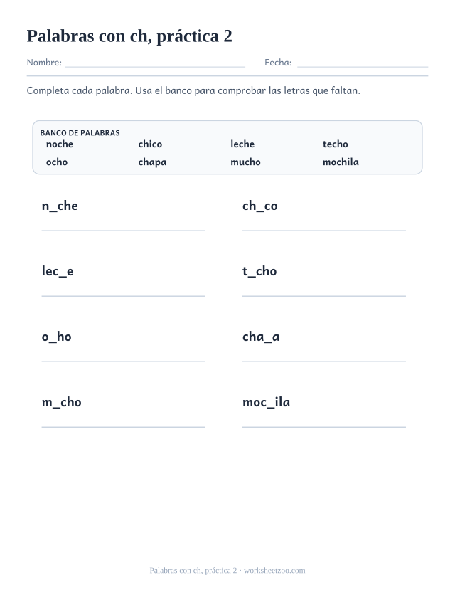 Fichas de dígrafos de palabras con ch, práctica 2