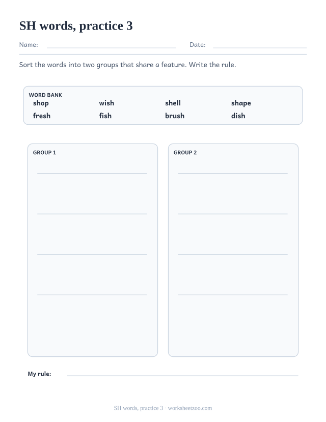 Digraph Worksheets page for SH words, practice 3