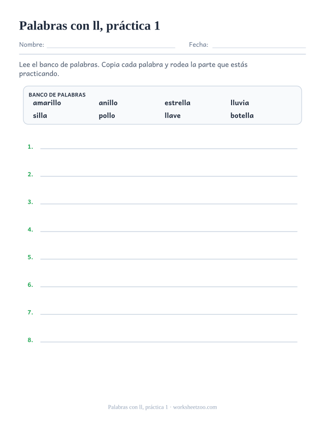 Fichas de dígrafos de palabras con ll, práctica 1