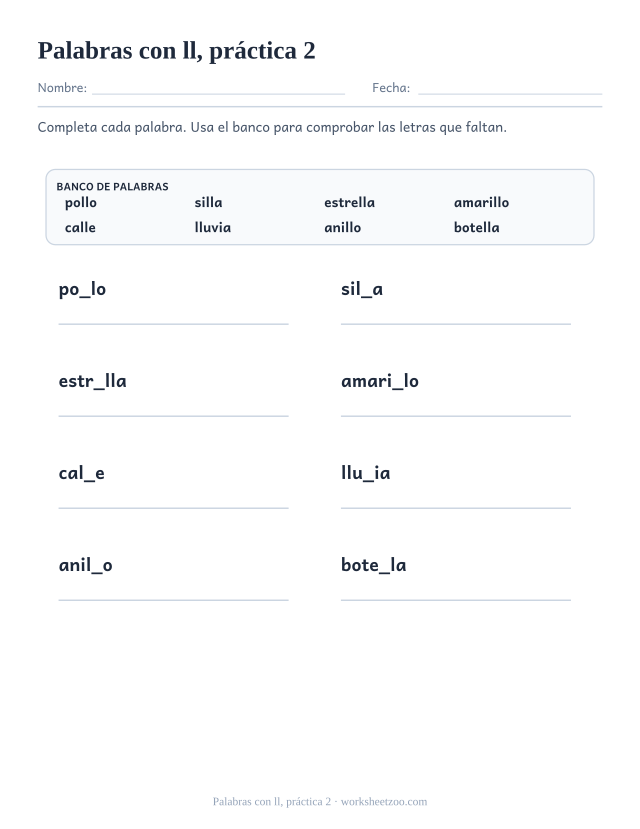 Fichas de dígrafos de palabras con ll, práctica 2