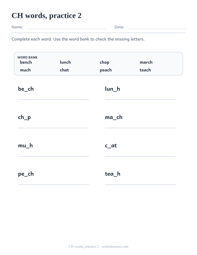 Digraph Worksheets page for CH words, practice 2