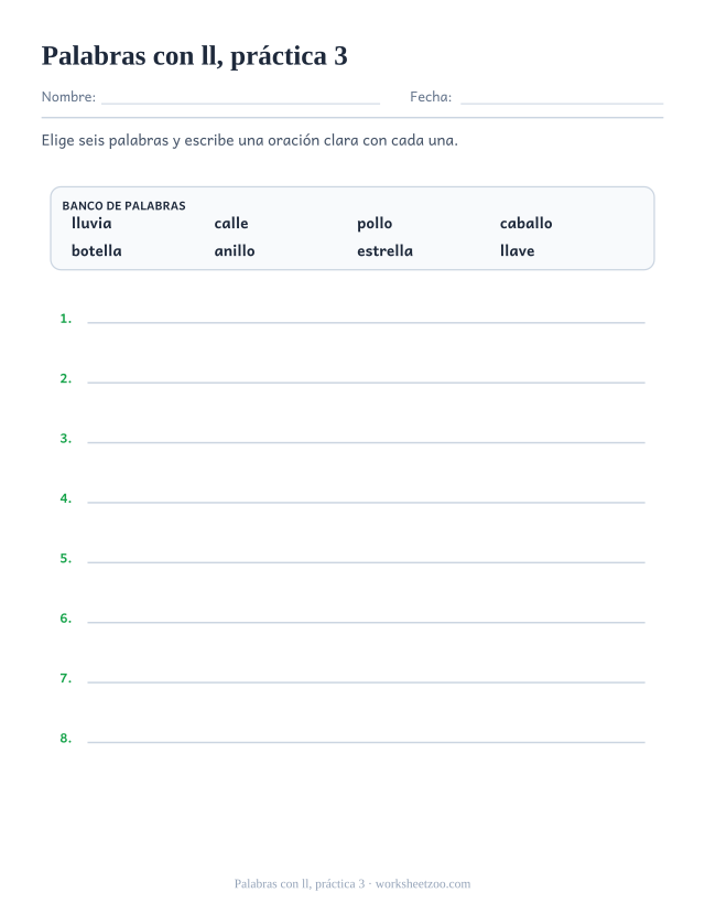 Fichas de dígrafos de palabras con ll, práctica 3