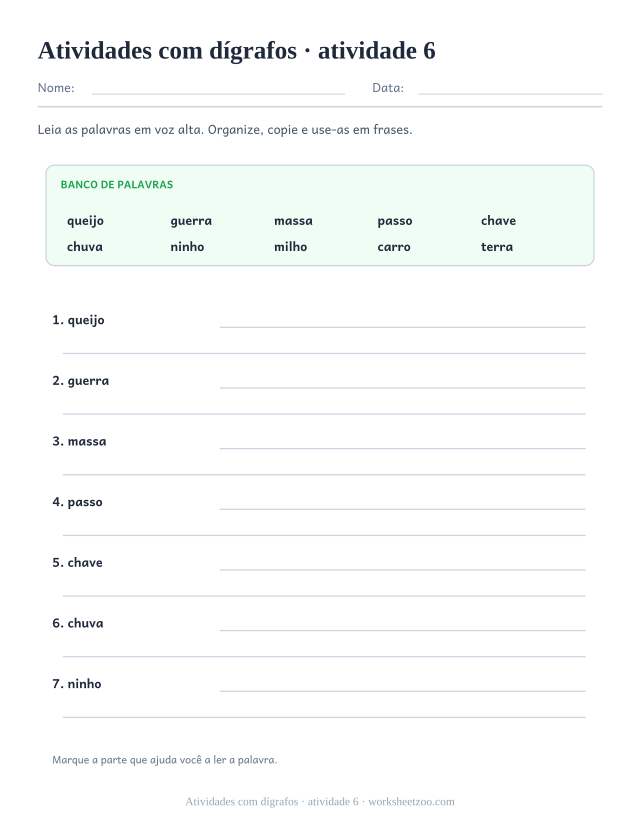 Prévia de Atividades com dígrafos, atividade 6 para imprimir