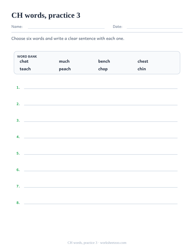 Digraph Worksheets page for CH words, practice 3