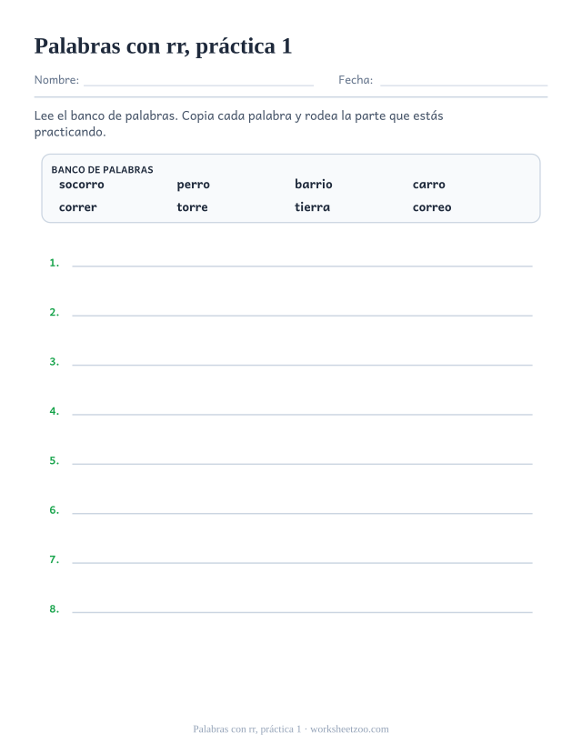 Fichas de dígrafos de palabras con rr, práctica 1