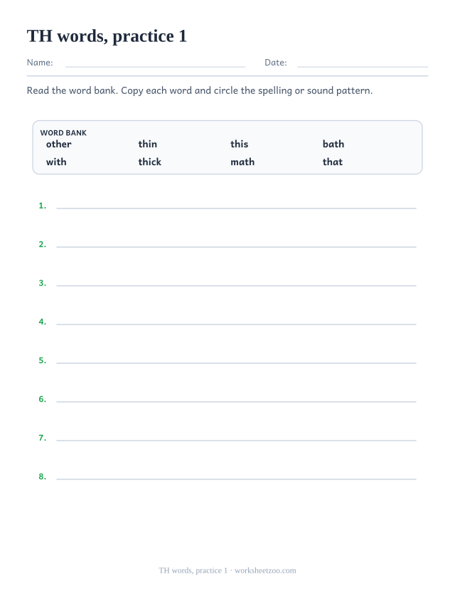 Digraph Worksheets page for TH words, practice 1