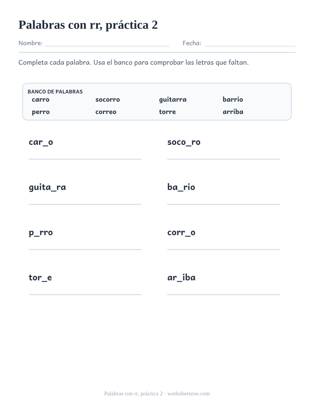 Fichas de dígrafos de palabras con rr, práctica 2