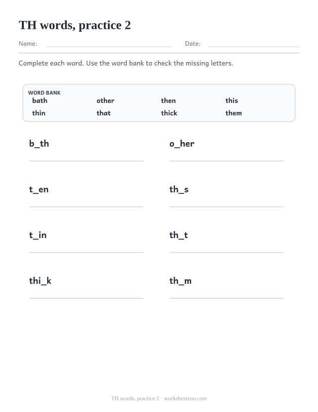 Digraph Worksheets page for TH words, practice 2