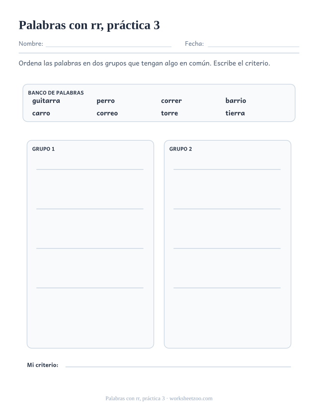 Fichas de dígrafos de palabras con rr, práctica 3