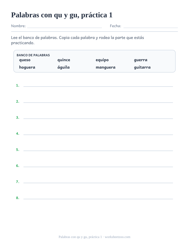 Fichas de dígrafos de palabras con qu y gu, práctica 1