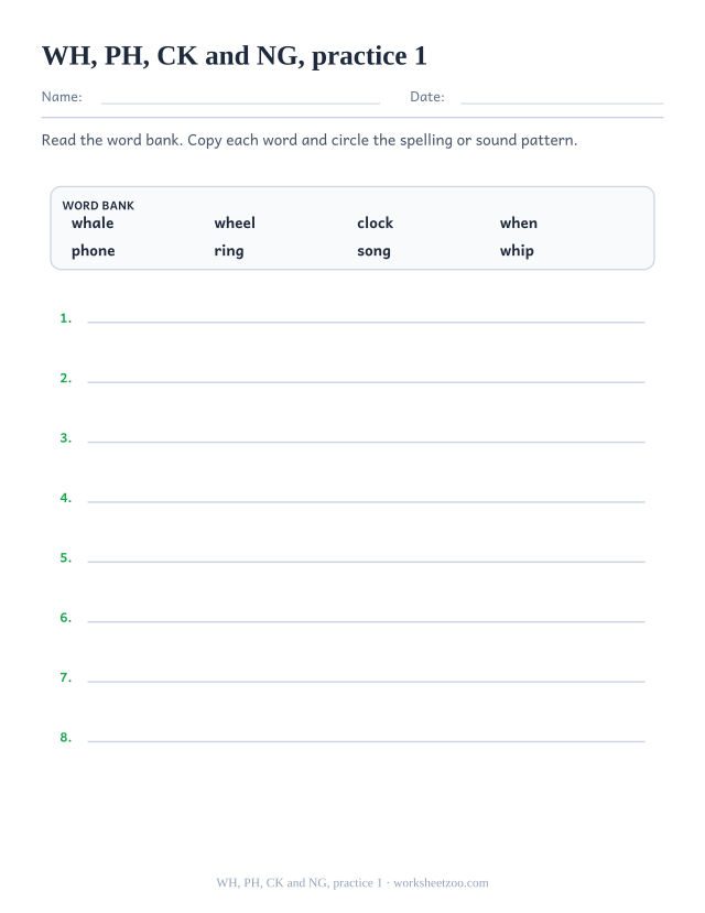 Digraph Worksheets page for WH, PH, CK and NG, practice 1