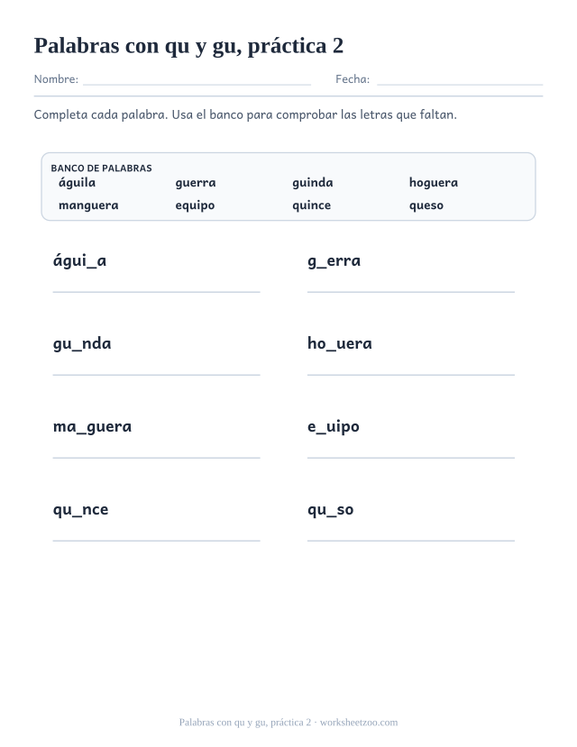 Fichas de dígrafos de palabras con qu y gu, práctica 2