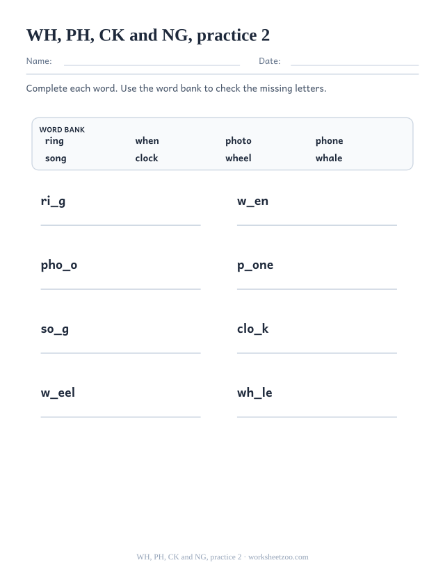 Digraph Worksheets page for WH, PH, CK and NG, practice 2